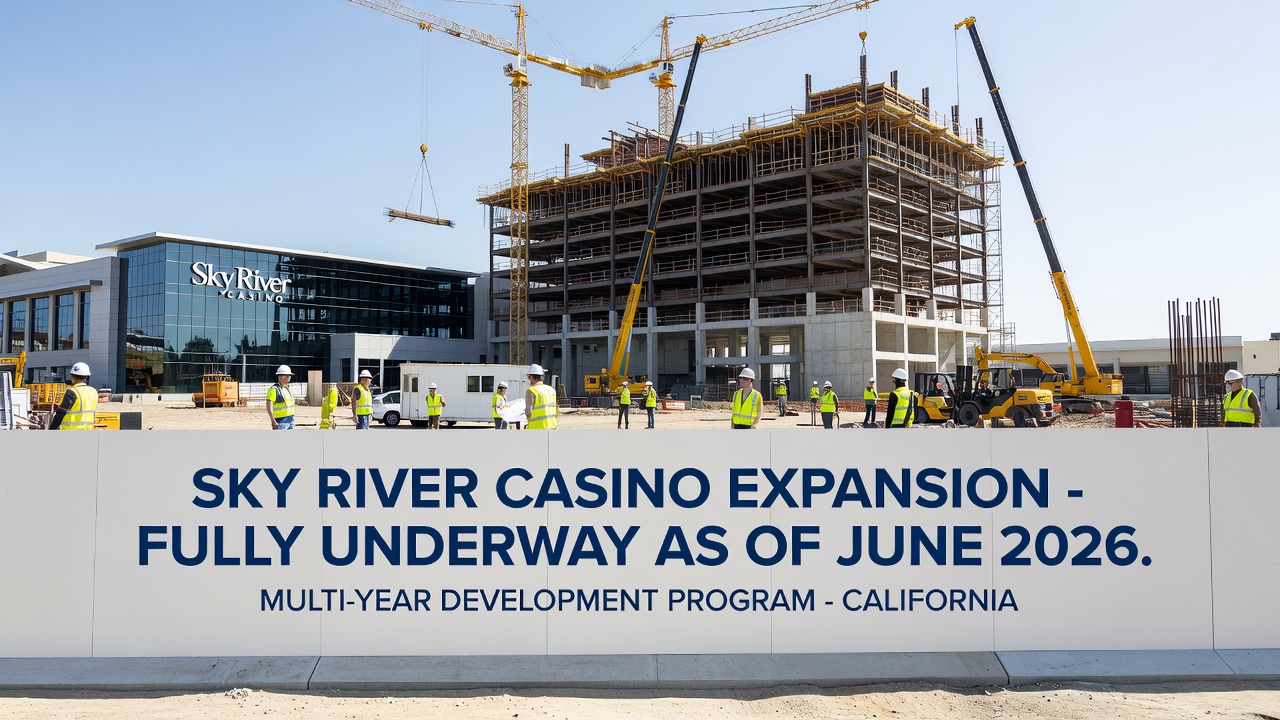 Construction progress at Sky River Casino showing new resort wing foundations