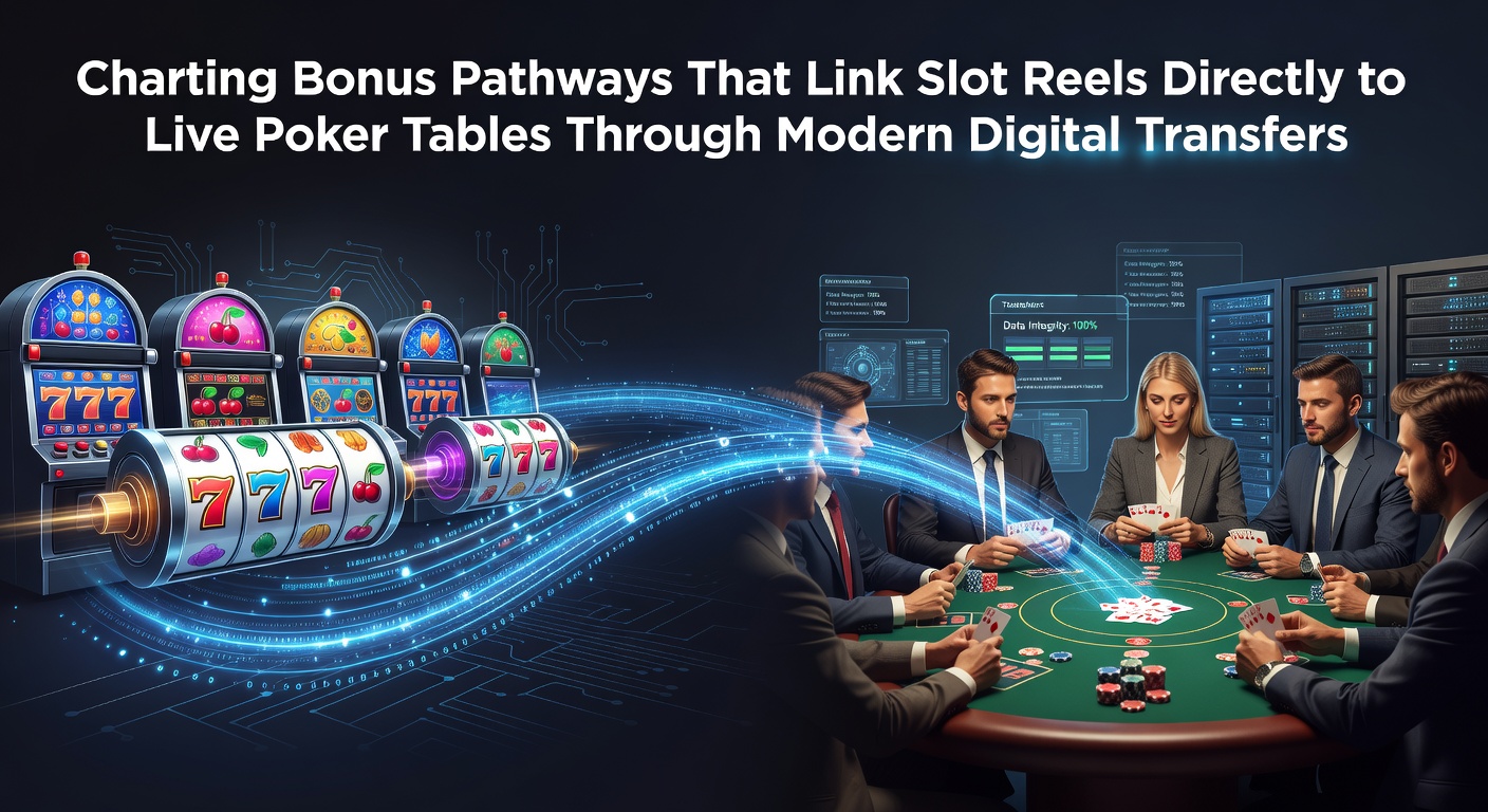 Digital interface showing bonus credits moving from slot machine reels to live poker table in a casino app