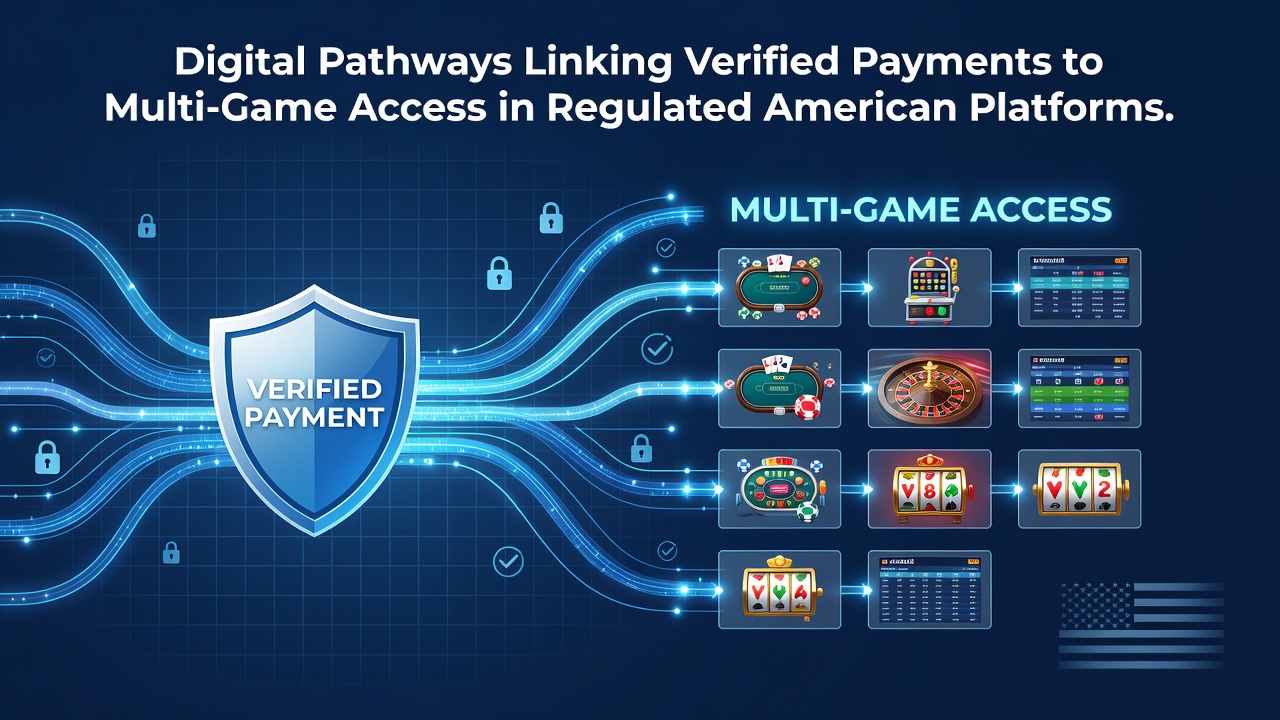 Digital payment verification interface connecting slots, poker, and sports betting on a regulated US gaming platform