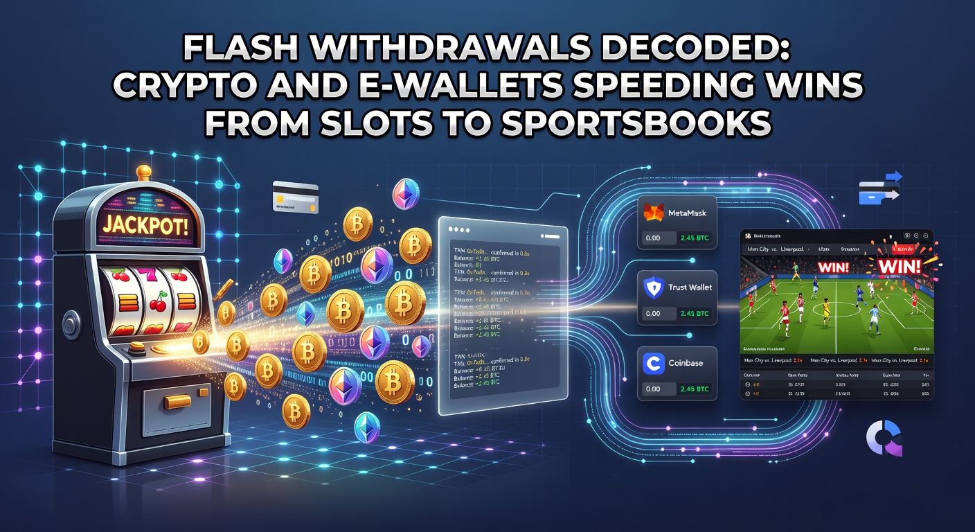 Digital graphic showing lightning-fast cryptocurrency transactions flowing from slot machines and sportsbooks to e-wallets