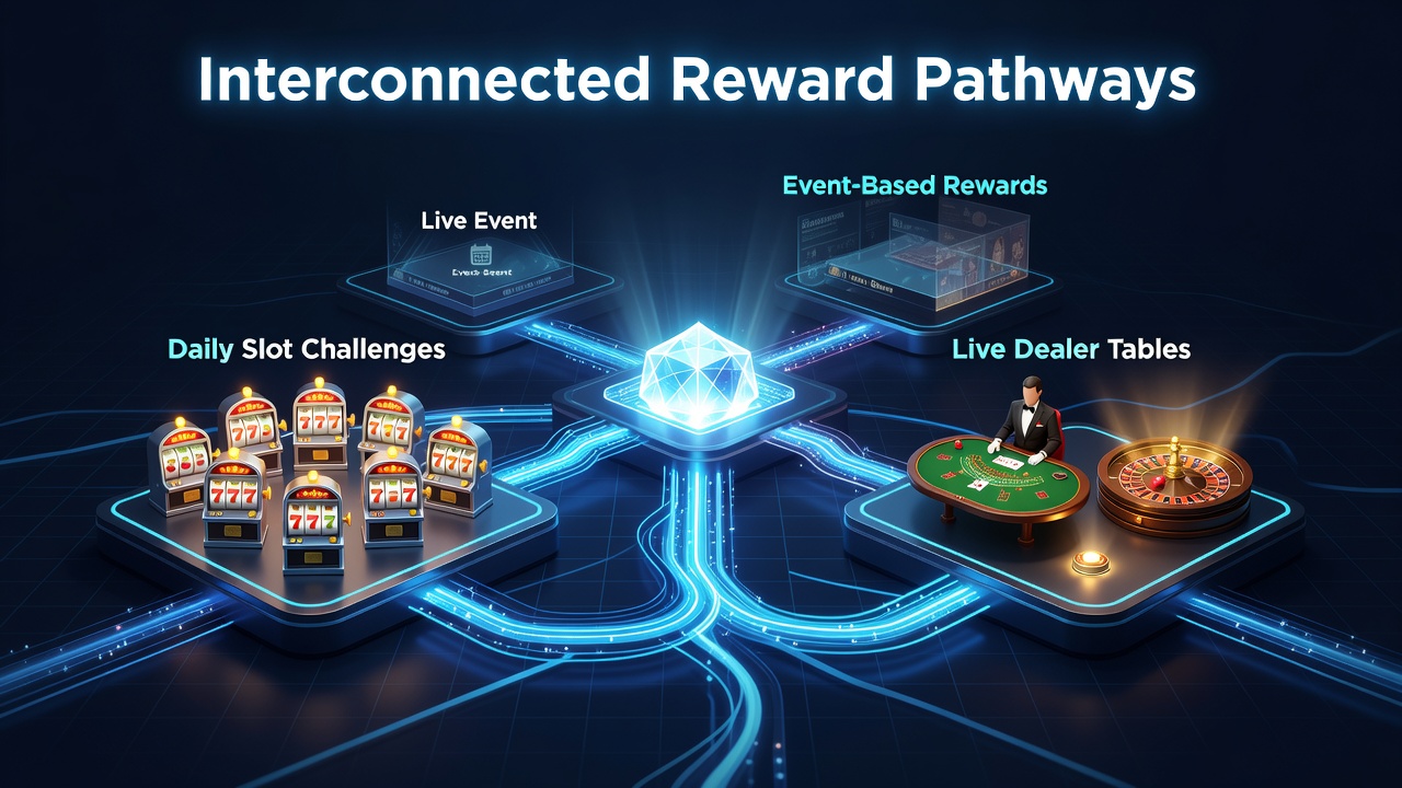 Live dealer table screen with reward pathway indicators linking back to slot progress and upcoming sports events