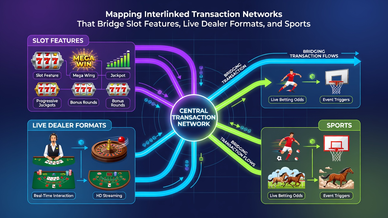 Mobile screen displaying interconnected gaming formats with transaction flow indicators
