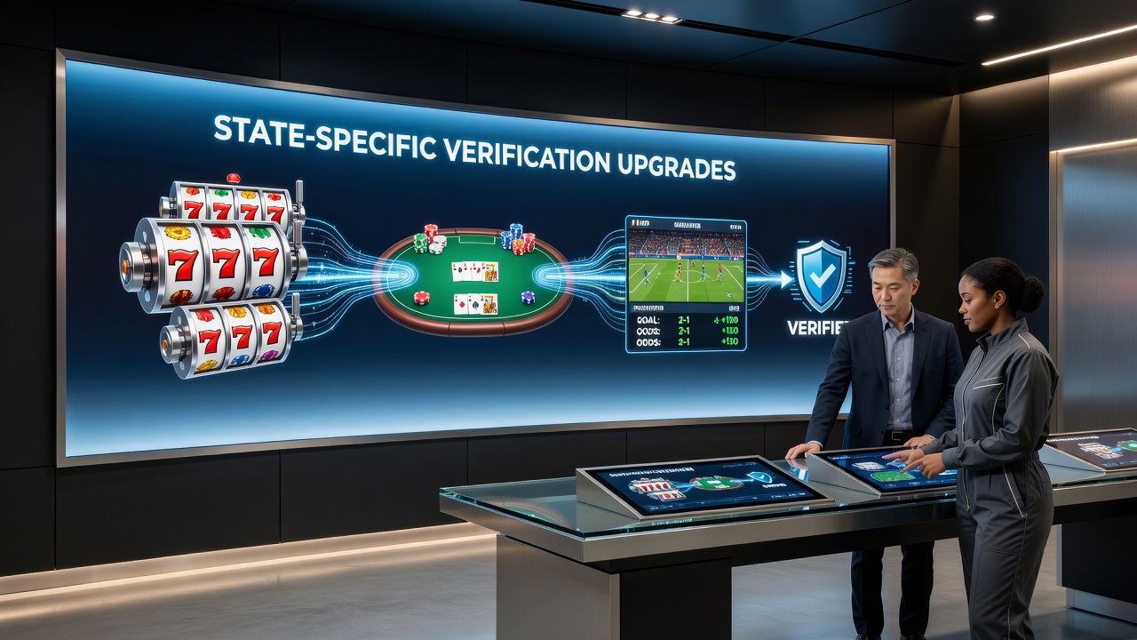 Close-up of secure verification dashboard in a regulated mobile gaming app connecting multiple game types